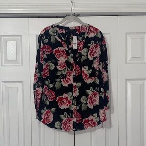 New York & Company Rose Floral Black Blouse